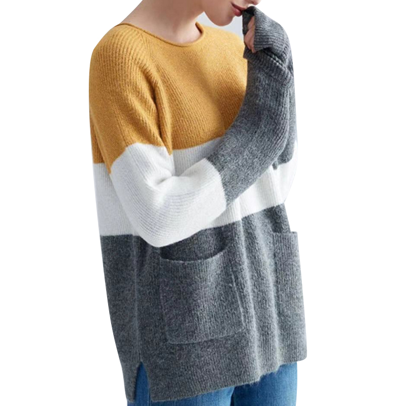 100%wool with three color in stripe women' sweater with pockets